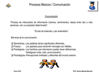 SYP; Genaro Méndez MancillaEnero 2012
Comunicación
“Proceso de intercambio de información (hechos, sentimientos, ideas) entre dos o más
personas, con un propósito determinado”.
“El arte de entender y ser entendidos”
Barreras de la comunicación.
 Semánticas.-Las palabras tienen significados diferentes.
 Físicas.- Los aparatos para transmitir mensajes son falibles.
 Fisiológicas.-Los hombres que intervienen pueden tener deficiencias
fisiológicas (vista, oído, pronunciación).
 Psicológicas.-Percepciones limitadas y diferentes del mundo exterior.
Procesos Básicos / Comunicación
 