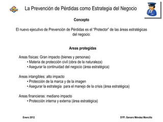 SYP; Genaro Méndez MancillaEnero 2012
Concepto
El nuevo ejecutivo de Prevención de Pérdidas es el “Protector” de las áreas estratégicas
del negocio:
Areas protegidas
Areas físicas: Gran impacto (bienes y personas)
• Materia de protección civil (obra de la naturaleza)
• Asegurar la continuidad del negocio (área estratégica)
Areas intangibles: alto impacto
• Protección de la marca y de la imagen
• Asegurar la estrategia para el manejo de la crisis (área estratégica)
Areas financieras: mediano impacto
• Protección interna y externa (área estratégica)
La Prevención de Pérdidas como Estrategia del Negocio
 