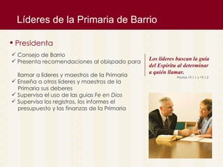 L íderes de la Primaria de Barrio Presidenta Consejo de Barrio Presenta recomendaciones al obispado para  llamar a l íderes y maestros de la Primaria Enseña a otros l íderes y maestros de la  Primaria sus deberes Supervisa el uso de las guias  Fe en Dios Supervisa los registros, los informes el  presupuesto y las finanzas de la Primaria Los l íderes buscan la guía  del Espíritu al determinar  a quién llamar.  Pautas 19.1.1 y 19.1.2 