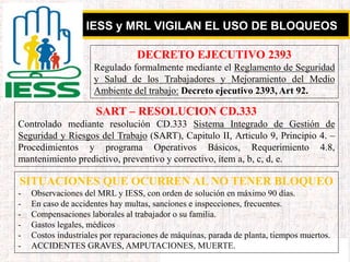 IESS y MRL VIGILAN EL USO DE BLOQUEOS
DECRETO EJECUTIVO 2393
Regulado formalmente mediante el Reglamento de Seguridad
y Salud de los Trabajadores y Mejoramiento del Medio
Ambiente del trabajo: Decreto ejecutivo 2393, Art 92.
SART – RESOLUCION CD.333
Controlado mediante resolución CD.333 Sistema Integrado de Gestión de
Seguridad y Riesgos del Trabajo (SART), Capitulo II, Articulo 9, Principio 4. –
Procedimientos y programa Operativos Básicos, Requerimiento 4.8,
mantenimiento predictivo, preventivo y correctivo, ítem a, b, c, d, e.
SITUACIONES QUE OCURREN AL NO TENER BLOQUEO
- Observaciones del MRL y IESS, con orden de solución en máximo 90 días.
- En caso de accidentes hay multas, sanciones e inspecciones, frecuentes.
- Compensaciones laborales al trabajador o su familia.
- Gastos legales, médicos
- Costos industriales por reparaciones de máquinas, parada de planta, tiempos muertos.
- ACCIDENTES GRAVES, AMPUTACIONES, MUERTE.
 