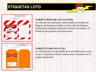 ETIQUETAS LOTO - LOTO -
TARJETA ROJA/BLANCA (LOTO)
Se colocará una tarjeta por cada candado en el punto de
bloqueo (aislamiento simple) ó en las cajas de bloqueo
(aislamiento múltiple) indicando los datos de trabajo y el
listado de las personas que intervienen.
TARJETA NARANJA (CAE)
Es colocada por el responsable de la actividad en los casos
en que se requieren realizar inspecciones o pruebas con el
equipo energizado.
 