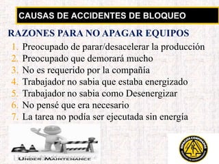 CAUSAS DE ACCIDENTES DE BLOQUEO
1. Preocupado de parar/desacelerar la producción
2. Preocupado que demorará mucho
3. No es requerido por la compañía
4. Trabajador no sabia que estaba energizado
5. Trabajador no sabia como Desenergizar
6. No pensé que era necesario
7. La tarea no podía ser ejecutada sin energía
RAZONES PARA NO APAGAR EQUIPOS
 