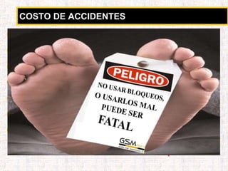COSTO DE ACCIDENTES
 Gastos médicos, compensación de la persona
 Demandas Civiles
 Multas y sanciones del IESS
 Baja moral de los empleados
 Aumento de los costos de los seguros
 Equipo dañado, paradas de Planta!!!
 Cárcel.
Los Auditores de Riesgo del IESS, cada ves revisan con mas
detalle las normas LOTO a cumplir.
 