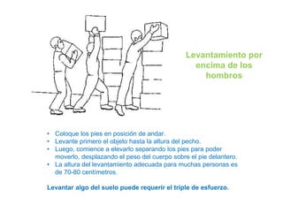 Levantamiento por
encima de los
hombros
• Coloque los pies en posición de andar.
• Levante primero el objeto hasta la altura del pecho.
• Luego, comience a elevarlo separando los pies para poder
moverlo, desplazando el peso del cuerpo sobre el pie delantero.
• La altura del levantamiento adecuada para muchas personas es
de 70-80 centímetros.
Levantar algo del suelo puede requerir el triple de esfuerzo.
 