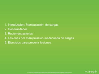 1. Introduccion: Manipulación de cargas
2. Generalidades
3. Recomendaciones
4. Lesiones por manipulación inadecuada de cargas
5. Ejercicios para prevenir lesiones
 