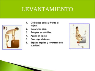 LEVANTAMIENTO
1. Colóquese cerca y frente al
objeto.
2. Separe los pies.
3. Póngase en cuclillas.
4. Agarre el objeto.
5. Contraiga abdomen.
6. Espalda erguida y levántese con
suavidad.
 