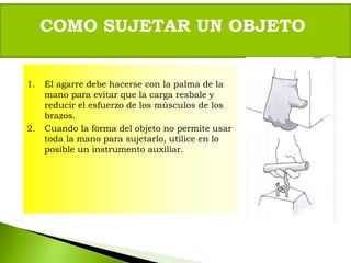 1. El agarre debe hacerse con la palma de la
mano para evitar que la carga resbale y
reducir el esfuerzo de los músculos de los
brazos.
2. Cuando la forma del objeto no permite usar
toda la mano para sujetarlo, utilice en lo
posible un instrumento auxiliar.
COMO SUJETAR UN OBJETO
 