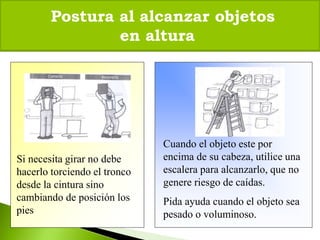 Postura al alcanzar objetos
en altura
Cuando el objeto este por
encima de su cabeza, utilice una
escalera para alcanzarlo, que no
genere riesgo de caídas.
Pida ayuda cuando el objeto sea
pesado o voluminoso.
Si necesita girar no debe
hacerlo torciendo el tronco
desde la cintura sino
cambiando de posición los
pies
 