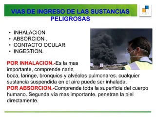 VIAS DE INGRESO DE LAS SUSTANCIAS
PELIGROSAS
• INHALACION.
• ABSORCION .
• CONTACTO OCULAR
• INGESTION.
POR INHALACION.-Es la mas
importante, comprende nariz,
boca, laringe, bronquios y alvéolos pulmonares. cualquier
sustancia suspendida en el aire puede ser inhalada.
POR ABSORCION.-Comprende toda la superficie del cuerpo
humano. Segunda vía mas importante. penetran la piel
directamente.
 