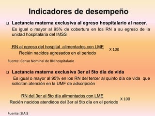 Indicadores de desempeño
 Lactancia materna exclusiva al egreso hospitalario al nacer.
Es igual o mayor al 95% de cobertura en los RN a su egreso de la
unidad hospitalaria del IMSS
RN al egreso del hospital alimentados con LME
Recién nacidos egresados en el periodo
 Lactancia materna exclusiva 3er al 5to día de vida
Es igual o mayor al 95% en los RN del tercer al quinto día de vida que
solicitan atención en la UMF de adscripción
RN del 3er al 5to día alimentados con LME
Recién nacidos atendidos del 3er al 5to día en el periodo
X 100
X 100
Fuente: SIAIS
Fuente: Censo Nominal de RN hospitalario
 