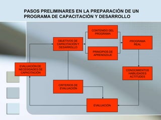 PASOS PRELIMINARES EN LA PREPARACIÓN DE UN PROGRAMA DE CAPACITACIÓN Y DESARROLLOCONTENIDO DELPROGRAMAPROGRAMAREALOBJETIVOS DE CAPACITACIÓN YDESARROLLOPRINCIPIOS DEAPRENDIZAJEEVALUACIÓN DE NECESIDADES DE CAPACITACIÓNCONOCIMIENTOSHABILIDADESACTITUDESCRITERIOS DE EVALUACIÓNEVALUACIÓN