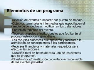 Elaboración del plan y programasConstituida y registrada la comisión mixta, se procede a la estructuración del plan y programas de capacitación con base en los resultados obtenidos del diagnóstico de necesidades.Constituyen en si el conjunto de acciones sistematizadas para orientar el proceso capacitador en un centro laboral o conjunto de ellos.El plan permite tener una visión general acerca de lo que se desea realizar, por lo que considera:Datos generales de la organización. Nombre, dirección, registro ante el IMSS y RFC, etc.Puestos de trabajo que involucra.Número de trabajadores que serán capacitados.Perlado de tiempo en que será desarrollado.Prioridades de atenciónEventos a realizar. 