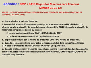 Apéndice : GMP + BA10 Requisitos Mínimos para Compras
(versión 01-01-12)
ANEXO 1: REQUISITOS ADICIONALES CON RESPECTO AL CODIGO DE LAS BUENAS PRACTICAS DE
COMERCIO (GTP-COCERAL)
a.- Los productos provienen desde un:
1. De un fabricante certificado quien participa en el esquema GMP+FSA: GMP+B1, con
alcance para la producción de materiales para piensos, B2 o B2(2010), con la producción de
materiales para piensos dentro su alcance.
2. Un comerciante certificado GMP+(GMP+B3 2006 y 2007)
3. Un fabricante con un certificado equivalente a GMP+
b.- El producto cumple con la norma de productos GMP+BA1 Norma de productos.
c.- Cuando el transporte tiene lugar sobre la responsabilidad de la compañía certificada
GTP, esto es transporte bajo el Certificado GMP+B4 (o equivalente).
d.- Cuando el almacenaje y trasbordo tienen lugar sobre la responsabilidad de la compañía
certificada, estos cumplen con los requisitos GMP+ (GMP+B5, GMP+B3 (2007), GMP+B2 o
GMP+B1 o equivalente)
 