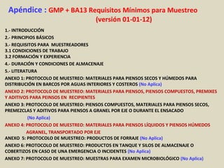 Apéndice : GMP + BA13 Requisitos Mínimos para Muestreo
(versión 01-01-12)
1.- INTRODUCCIÓN
2.- PRINCIPIOS BÁSICOS
3.- REQUISITOS PARA MUESTREADORES
3.1 CONDICIONES DE TRABAJO
3.2 FORMACIÓN Y EXPERIENCIA
4.- DURACIÓN Y CONDICIONES DE ALMACENAJE
5.- LITERATURA
ANEXO 1: PROTOCOLO DE MUESTREO: MATERIALES PARA PIENSOS SECOS Y HÚMEDOS PARA
DISTRIBUCIÓN EN BARCOS POR AGUAS INTERIORES Y COSTEROS (No Aplica)
ANEXO 2: PROTOCOLO DE MUESTREO: MATERIALES PARA PIENSOS, PIENSOS COMPUESTOS, PREMIXES
Y ADITIVOS PARA PEINSOS EN RECIPIENTES
ANEXO 3: PROTOCOLO DE MUESTREO: PIENSOS COMPUESTOS, MATERIALES PARA PIENSOS SECOS,
PREMEZCLAS Y ADITIVOS PARA PIENSOS A GRANEL POR EJE O DURANTE EL ENSACADO
(No Aplica)
ANEXO 4: PROTOCOLO DE MUESTREO: MATERIALES PARA PIENSOS LÍQUIDOS Y PIENSOS HÚMEDOS
AGRANEL, TRANSPORTADO POR EJE
ANEXO 5: PROTOCOLO DE MUESTREO: PRODUCTOS DE FORRAJE (No Aplica)
ANEXO 6: PROTOCOLO DE MUESTREO: PRODUCTOS EN TANQUE Y SILOS DE ALMACENAJE O
COBERTIZOS EN CASO DE UNA EMERGENCIA O INCIDENTES (No Aplica)
ANEXO 7: PROTOCOLO DE MUESTREO: MUESTRAS PARA EXAMEN MICROBIOLÓGICO (No Aplica)
 