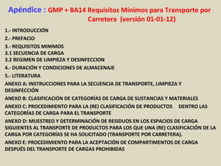 Apéndice : GMP + BA14 Requisitos Mínimos para Transporte por
Carretera (versión 01-01-12)
1.- INTRODUCCIÓN
2.- PREFACIO
3.- REQUISITOS MINIMOS
3.1 SECUENCIA DE CARGA
3.2 REGIMEN DE LIMPIEZA Y DESINFECCION
4.- DURACIÓN Y CONDICIONES DE ALMACENAJE
5.- LITERATURA
ANEXO A: INSTRUCCIONES PARA LA SECUENCIA DE TRANSPORTE, LIMPIEZA Y
DESINFECCIÓN
ANEXO B: CLASIFICACIÓN DE CATEGORÍAS DE CARGA DE SUSTANCIAS Y MATERIALES
ANEXO C: PROCEDIMIENTO PARA LA (RE) CLASIFICACIÓN DE PRODUCTOS DENTRO LAS
CATEGORÍAS DE CARGA PARA EL TRANSPORTE
ANEXO D: MUESTREO Y DETERMINACIÓN DE RESIDUOS EN LOS ESPACIOS DE CARGA
SIGUIENTES AL TRANSPORTE DE PRODUCTOS PARA LOS QUE UNA (RE) CLASIFICACIÓN DE LA
CARGA POR CATEGORÍAS SE HA SOLICITADO (TRANSPORTE POR CARRETERA).
ANEXO E: PROCEDIMIENTO PARA LA ACEPTACIÓN DE COMPARTIMENTOS DE CARGA
DESPUÉS DEL TRANSPORTE DE CARGAS PROHIBIDAS
 