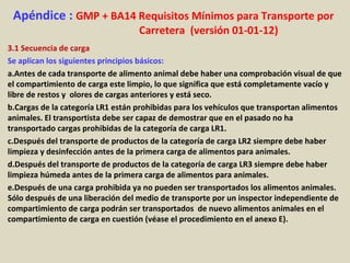Apéndice : GMP + BA14 Requisitos Mínimos para Transporte por
Carretera (versión 01-01-12)
3.1 Secuencia de carga
Se aplican los siguientes principios básicos:
a.Antes de cada transporte de alimento animal debe haber una comprobación visual de que
el compartimiento de carga este limpio, lo que significa que está completamente vacío y
libre de restos y olores de cargas anteriores y está seco.
b.Cargas de la categoría LR1 están prohibidas para los vehículos que transportan alimentos
animales. El transportista debe ser capaz de demostrar que en el pasado no ha
transportado cargas prohibidas de la categoría de carga LR1.
c.Después del transporte de productos de la categoría de carga LR2 siempre debe haber
limpieza y desinfección antes de la primera carga de alimentos para animales.
d.Después del transporte de productos de la categoría de carga LR3 siempre debe haber
limpieza húmeda antes de la primera carga de alimentos para animales.
e.Después de una carga prohibida ya no pueden ser transportados los alimentos animales.
Sólo después de una liberación del medio de transporte por un inspector independiente de
compartimiento de carga podrán ser transportados de nuevo alimentos animales en el
compartimiento de carga en cuestión (véase el procedimiento en el anexo E).
 