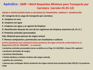 Apéndice : GMP + BA14 Requisitos Mínimos para Transporte por
Carretera (versión 01-01-12)
ANEXO A: INSTRUCCIONES PARA LA SECUENCIA DE TRANSPORTE, LIMPIEZA Y DESINFECCIÓN
LR: Categoría de la carga de transporte por carretera
A. Limpieza en seco
B. Limpieza con agua
C. Limpieza con agua y un agente de limpieza
D. Desinfección después de uno de los regímenes de limpieza anteriores (A, B o C )
E: Proteínas animales (procesadas)
Vdo: Material para piensos de origen animal
T: Piensos compuestos y premezclas con nicarbazina o sulfuros
(a) Para (productos que contienen) ciertos productos de origen animal de conformidad con el
Reglamento (CE) No. 999/2001", se entiende:
• proteínas animales procesadas (como se define en el Reg. EU 142/2011, Anexo VIII, capítulo I
• productos derivados de sangre,
• proteínas hidrolizadas,
• fosfato dicálcico y fosfato tricálcico (de origen animal),
• gelatina de rumiantes,
• piensos que contengan dichos productos de origen animal (esos productos bajo LR4 (E) si la posterior
carga
 