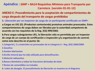 Apéndice : GMP + BA14 Requisitos Mínimos para Transporte por
Carretera (versión 01-01-12)
ANEXO E: Procedimiento para la aceptación de compartimientos de
carga después del transporte de cargas prohibidas
b. Liberación por un inspector de carga de un participante certificado en GMP+
a.Cargas en LR1 (E): (Productos conteniendo) proteínas animales procesadas. Estos
compartimientos de carga deben ser librados por la autoridad competente de
acuerdo con los requisitos de la Reg. (EG) 999/2001
b.Para cargas subsiguientes LR1, la liberación sólo es permitida por un inspector
de carga de un cuerpo de certificación e inspección y/u organización de control;
como esta descrito en el punto 1b:
1.Categoría1, 2 y materiales no procesados de la Categoría 3 – Reg. (EG) 1069/2009.
2.Gasolina
3.Aceites lubricantes
4.Arcilla mineral que ha sido utilizada para detoxificación.
5.Material radioactivo
6.Basura doméstica y todas las fracciones derivadas de éstas
7.Restos de comestibles no tratados
8. Lodos de desagüe. El procedimiento de liberación se muestra en el diagrama
 