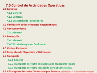 7.0 Control de Actividades Operativas
7.1 Compras
7.1.1 General
7.1.2 Compras
7.1.3 Evaluación de Proveedores
7.2 Verificación de los Productos Recepcionados
7.3 Almacenamiento
7.3.1 General
7.4 Producción
7.4.1 General
7.4.2 Productos que no Conforman
7.5 Venta y Contratos
7.6 Requisitos de Etiquetado y Distribución
7.7 Transporte
7.7.1 General
7.7.2 Transporte Terrestre con Medios de Transporte Propio
7.7.3 Transporte Terrestre Realizado por Subcontratistas
7.7.4 Transporte Terrestre Contratado por Terceros (el participante no es responsable del transporte)
 