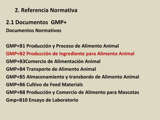 2. Referencia Normativa
2.1 Documentos GMP+
Documentos Normativos
GMP+B1 Producción y Proceso de Alimento Animal
GMP+B2 Producción de Ingrediente para Alimento Animal
GMP+B3Comercio de Alimentación Animal
GMP+B4 Transporte de Alimento Animal
GMP+B5 Almacenamiento y transbordo de Alimento Animal
GMP+B6 Cultivo de Feed Materials
GMP+B8 Producción y Comercio de Alimento para Mascotas
Gmp+B10 Ensayo de Laboratorio
 