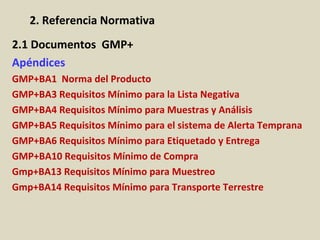 2. Referencia Normativa
2.1 Documentos GMP+
Apéndices
GMP+BA1 Norma del Producto
GMP+BA3 Requisitos Mínimo para la Lista Negativa
GMP+BA4 Requisitos Mínimo para Muestras y Análisis
GMP+BA5 Requisitos Mínimo para el sistema de Alerta Temprana
GMP+BA6 Requisitos Mínimo para Etiquetado y Entrega
GMP+BA10 Requisitos Mínimo de Compra
Gmp+BA13 Requisitos Mínimo para Muestreo
Gmp+BA14 Requisitos Mínimo para Transporte Terrestre
 