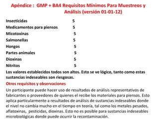 Apéndice : GMP + BA4 Requisitos Mínimos Para Muestreos y
Análisis (versión 01-01-12)
Insecticidas 5
Medicamentos para piensos 5
Micotoxinas 5
Salmonellas 5
Hongos 5
Partes animales 5
Dioxinas 5
Nitritos 5
Los valores establecidos todos son altos. Esto se ve lógico, tanto como estas
sustancias indeseables son riesgosas.
Otros requisitos y observaciones
Un participante puede hacer uso de resultados de análisis representativos de
fabricantes o proveedores de quienes el recibe los materiales para piensos. Esto
aplica particularmente a resultados de análisis de sustancias indeseables donde
el nivel no cambia mucho en el tiempo en teoría, tal como los metales pesados,
aflatoxinas, pesticidas, dioxinas. Esto no es posible para sustancias indeseables
microbiológicas donde puede ocurrir la recontaminación.
 