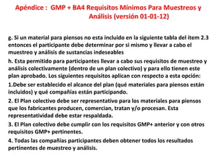 Apéndice : GMP + BA4 Requisitos Mínimos Para Muestreos y
Análisis (versión 01-01-12)
g. Si un material para piensos no esta incluido en la siguiente tabla del ítem 2.3
entonces el participante debe determinar por si mismo y llevar a cabo el
muestreo y análisis de sustancias indeseables
h. Esta permitido para participantes llevar a cabo sus requisitos de muestreo y
análisis colectivamente (dentro de un plan colectivo) y para ello tienen este
plan aprobado. Los siguientes requisitos aplican con respecto a esta opción:
1.Debe ser establecido el alcance del plan (qué materiales para piensos están
incluidos) y qué compañías están participando.
2. El Plan colectivo debe ser representativo para los materiales para piensos
que los fabricantes producen, comercian, tratan y/o procesan. Esta
representatividad debe estar respaldada.
3. El Plan colectivo debe cumplir con los requisitos GMP+ anterior y con otros
requisitos GMP+ pertinentes.
4. Todas las compañías participantes deben obtener todos los resultados
pertinentes de muestreo y análisis.
 