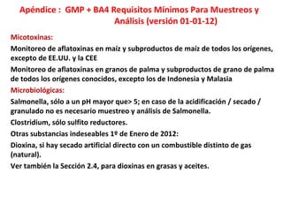 Apéndice : GMP + BA4 Requisitos Mínimos Para Muestreos y
Análisis (versión 01-01-12)
Micotoxinas:
Monitoreo de aflatoxinas en maíz y subproductos de maíz de todos los orígenes,
excepto de EE.UU. y la CEE
Monitoreo de aflatoxinas en granos de palma y subproductos de grano de palma
de todos los orígenes conocidos, excepto los de Indonesia y Malasia
Microbiológicas:
Salmonella, sólo a un pH mayor que> 5; en caso de la acidificación / secado /
granulado no es necesario muestreo y análisis de Salmonella.
Clostridium, sólo sulfito reductores.
Otras substancias indeseables 1º de Enero de 2012:
Dioxina, si hay secado artificial directo con un combustible distinto de gas
(natural).
Ver también la Sección 2.4, para dioxinas en grasas y aceites.
 
