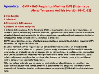 Apéndice : GMP + BA5 Requisitos Mínimos EWS (Sistema de
Alerta Temprana Análisis (versión 01-01-12)
1 Introducción
1.1 General
1.2 Estructura del Esquema
2. Sistema de Alerta Temprana
El Sistema de Respuesta y Alerta Temprana (EWS) es la detección e informe de irregularidades en
(materias primas para uso en) alimentos animales 1
y permite una respuesta y comunicación rápida
a través de la cadena de producción de alimentos animales, con el objetivo de prevenir o limitar los
consecuentes daños para el hombre, animales y el ambiente.
El EWS es por consiguiente por añadidura (preventivo) para asegurar la calidad del Esquema GMP+
de Garantía de Seguridad Alimentaria.
En varias normas GMP+ se requiere que un participante debe desarrollar un procedimiento
documentado para la advertencia oportuna (y temprana) y manejo de señales que indican que la
seguridad de un producto no esta de acuerdo con las normas legales o con las normas establecidas
en la GMP+BA1 Norma de Productos y que pueden llevar a daños en la cadena de clientes. Estas
señales deben ser evaluadas sobre esta base, si es deseada, se deberán tomarse las medidas de
control para prevenir o controlar los peligros.
Si hay un peligro potencial que no puede ser controlado por el participante en cuestión, y que
puede también causar daño a otros, entonces el participante esta obligado a informar al GMP+
Internacional. Esto deberá ser hecho de acuerdo con este apéndice (GMP+BA5 Requisitos Mínimos
EWS).
 