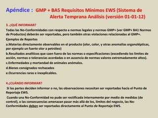 Apéndice : GMP + BA5 Requisitos Mínimos EWS (Sistema de
Alerta Temprana Análisis (versión 01-01-12)
3. ¿QUÉ INFORMAR?
Todas las No-Conformidades con respecto a normas legales y normas GMP+ (ver GMP+ BA1 Normas
de Productos) deberán ser reportadas, pero también otras violaciones relacionadas al GMP+.
Ejemplos de Reportes
a.Materias directamente observables en el producto (olor, color, y otras anomalías organolépticas,
por ejemplo un fuerte olor a petróleo)
b.Resultados analíticos que caen fuera de las normas o especificaciones (excediendo los límites de
acción, normas o tolerancias acordadas o en ausencia de normas valores extremadamente altos).
c.Enfermedades y mortandad de animales anómalos.
d.Bienes consignados rechazados
e.Ocurrencias raras e inexplicables.
4.¿CUÁNDO INFORMAR?
Si las partes deciden informar o no, las observaciones necesitan ser reportadas hacia el Punto de
Reportaje EWS.
Cuando una No-Conformidad no pude ser rectificada internamente por medio de medidas (de
control), o las consecuencias amenazan pasar más allá de los, límites del negocio, las No-
Conformidades deben ser reportadas directamente al Punto de Reportaje EWS.
 