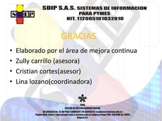 GRACIAS 
• Elaborado por el área de mejora continua 
• Zully carrillo (asesora) 
• Cristian cortes(asesor) 
• Lina lozano(coordinadora) 
