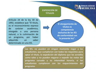 EXPEDICIÓN DE
TITULOS
Artículo 24 de la ley 30 de
1992, establece que "El título,
es el reconocimiento expreso
de
carácter
académico,
otorgado a una persona
natural, a la culminación de
un programa, por haber
adquirido
un
saber
determinado en una IES.

El otorgamiento de
títulos es
competencia
exclusiva de las IES
de conformidad con
la presente ley".

Las IES, no pueden en ningún momento negar a los
estudiantes, que cumplieron con todos los requisitos para
optar el título, la expedición del diploma que los acredita
como tales y no pueden negarse a expedir las notas del
programa cursado y . su intensidad horaria, si los
estudiantes cumplieron con los requerimientos del
programa.

 