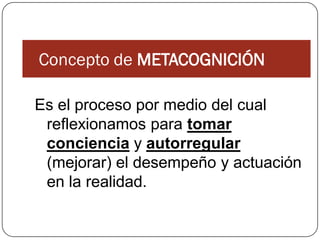 Concepto de METACOGNICIÓN

Es el proceso por medio del cual
 reflexionamos para tomar
 conciencia y autorregular
 (mejorar) el desempeño y actuación
 en la realidad.
 
