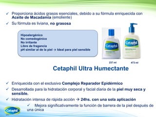 20
Cetaphil Ultra Humectante
 Enriquecida con el exclusivo Complejo Reparador Epidérmico
 Desarrollada para la hidratación corporal y facial diaria de la piel muy seca y
sensible.
 Hidratación intensa de rápida acción  24hs. con una sola aplicación
 Mejora significativamente la función de barrera de la piel después de
una única
 Proporciona ácidos grasos esenciales, debido a su fórmula enriquecida con
Aceite de Macadamia )emoliente(
 Su fórmula es liviana, no grasosa
473 ml237 ml
Hipoalergénico
No comedogénico
No irritante
Libre de fragancia
pH similar al de la piel  Ideal para piel sensible
 
