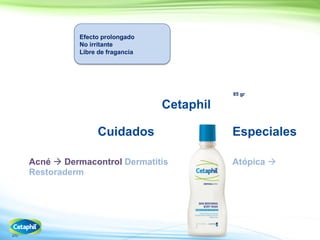 26
85 gr
Cetaphil
Cuidados Especiales
Acné  Dermacontrol Dermatitis Atópica 
Restoraderm
Efecto prolongado
No irritante
Libre de fragancia
 