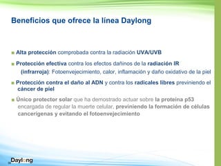 39
Beneficios que ofrece la línea Daylong
■ UVA/UVB
■
(infrarroja)
■ y contra los radicales libres previniendo el
■ que ha demostrado actuar sobre 53
encargada de regular la muerte celular,
 