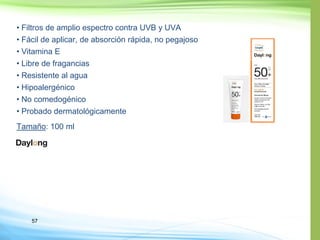 57
• Filtros de amplio espectro contra UVB y UVA
• , no pegajoso
• Vitamina E
• Libre de fragancias
• Resistente al agua
• Hipoalergénico
• No comedogénico
•
Tamaño: 100 ml
 