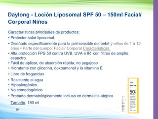 59
Daylong - Loción Liposomal SPF 50 – 150ml Facial/
Corporal Niños
Características principales de productos:
• Protector solar liposomal.
•
• : Facial/ Corporal Características:
• 50 contra UVB, UVA e IR con filtros de amplio
espectro
• Fácil de aplicar, de absorción rápida, no pegajoso
• Hidratante con glicerina, dexpantenol y la vitamina E
• Libre de fragancias
• Resistente al agua
• Hipoalergénico
• No comedogénico
•
Tamaño: 150 ml
 