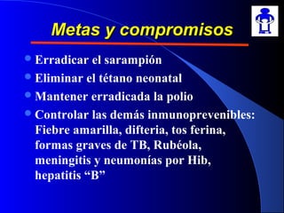 Metas y compromisosMetas y compromisos
Erradicar el sarampión
Eliminar el tétano neonatal
Mantener erradicada la polio
Controlar las demás inmunoprevenibles:
Fiebre amarilla, difteria, tos ferina,
formas graves de TB, Rubéola,
meningitis y neumonías por Hib,
hepatitis “B”
 