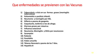 Que enfermedades se previenen con las Vacunas
1) Tuberculosis o tisis en sus formas graves (meningitis
tuberculosa)
2) Poliomielitis o parálisis infantil.
3) Neumonía y meningitis por Hib.
4) Difteria o pasmo de garganta.
5) Coqueluche, tosferina o tos de ahogo.
6) Diarreas graves por rotavirus
7) Influenza estacional
8) Neumonía, Meningitis y Otitis por neumococo
9) Sarampión
10) Rubeola
11) Parotiditis
12) Fiebre amarilla
13) Tétanos Neonatal o pasmo de los 7 días.
14) Hepatitis B
11
 