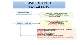 13
CLASIFICACION DE
LAS VACUNAS
Derivadas - agente – enfermedad
Virales: SRP, SR, FA, OPV Oral, Rotarix.
Bacterianas: BCG
Por de crecimiento bacterias o virus
en medio de cultivo
Virus enteros: Influenza
Bacterias enteras: Pertusis
Fraccionadas en subunidades virales: H.”B”, Influenza,
Bacterias: Pertusis a celular.
Fraccionados
Toxoides: Difteria, Tétanos.
Polisacáridos conjugadas
bacterias: Haemophilus influenzae tipo B
Polisacáridos puros o conjugados bacterias: neumocócica
Vivas atenuadas
Inactivas o muertas
 