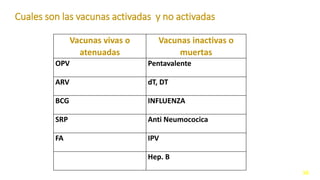 Cuales son las vacunas activadas y no activadas
16
Vacunas vivas o
atenuadas
Vacunas inactivas o
muertas
OPV Pentavalente
ARV dT, DT
BCG INFLUENZA
SRP Anti Neumococica
FA IPV
Hep. B
 
