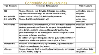 Contenido de las vacunas
Tipo de vacuna Contenido de las vacunas Tipo de vacuna
BCG Vacuna (Bacteria) viva derivada de la cepa atenuada de
mycobacteriumbovis (cepa del bacilo Calmette Guerin)
Activada no se debe
congelar
Anti polio IPV
Anti polio OPV
Vacuna con los 3 virus (1,2,3)de la polio, muertos
Vacuna Oral bivalente (cepas 1 y 3)
Inactivada
Actúa como
inactivada
Pentavalente Toxoide diftérico, toxoide tetánico, bacilos muertos de bordetella
pertusis, preparado purificado del antígeno de superficie del
virus de la hepatitis B, oligosacárido capsular purificado y
polisacárido capsular del Haemophilus Influenzae tipo B y como
adyuvante fosfato de aluminio.
Se trata de un líquido blanquecino turbio que puede asentarse y
depositarse en el fondo y dispersarse al agitar el frasco
Inactivada no debe
congelarse
Antirotavirica Rotavirus atenuado humano, cepa RIX4414, Líquido lechoso de
1.5 ml con un aplicador tipo jeringa
Influenza Vacuna trivalente de virus inactivados y fraccionados en 3 cepas:
A H1N1, A H3N2 la tipo B
Inactivada no debe
congelarse 18
 