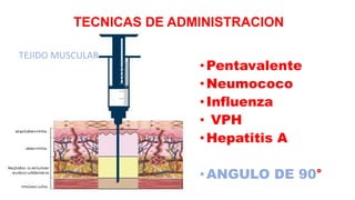 TECNICAS DE ADMINISTRACION
TEJIDO MUSCULAR
•Pentavalente
•Neumococo
•Influenza
• VPH
•Hepatitis A
•ANGULO DE 90°
 