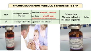 37
SRP
Sarampión, Rubeola y
Paperas
1era dosis 12 meses y 23 meses
Sub cutánea
Musculo deltoides
del brazo izquierdo
0,5 ml
2da dosis a los 18 meses
(SEIS MESES POSTERIOR A LA 1ERA DOSIS)
SR Sarampión Rubeola A partir de los 5 años a 51
VACUNA SARAMPION RUBEOLA Y PAROTIDITIS SRP
 