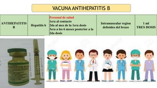 42
ANTIHEPATITIS
B
Hepatitis b
Personal de salud
1era al contacto
2da al mes de la 1era dosis
3era a los 6 meses posterior a la
2da dosis
Intramuscular region
deltoides del brazo
1 ml
TRES DOSIS
VACUNA ANTIHEPATITIS B
 