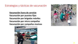 Estrategias y tácticas de vacunación
Vacunación fuera de servicio
Vacunación por puestos fijos
Vacunación por brigadas móviles
Vacunación por micro campañas
Vacunación por campañas masivas
45
 