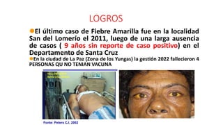 LOGROS
El último caso de Fiebre Amarilla fue en la localidad
San del Lomerío el 2011, luego de una larga ausencia
de casos ( 9 años sin reporte de caso positivo) en el
Departamento de Santa Cruz
En la ciudad de La Paz (Zona de los Yungas) la gestión 2022 fallecieron 4
PERSONAS QU NO TENIAN VACUNA
Fonte: Peters CJ, 2002
 