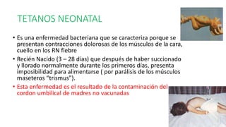 TETANOS NEONATAL
• Es una enfermedad bacteriana que se caracteriza porque se
presentan contracciones dolorosas de los músculos de la cara,
cuello en los RN fiebre
• Recién Nacido (3 – 28 días) que después de haber succionado
y llorado normalmente durante los primeros días, presenta
imposibilidad para alimentarse ( por parálisis de los músculos
maseteros “trismus”).
• Esta enfermedad es el resultado de la contaminación del
cordon umbilical de madres no vacunadas
 