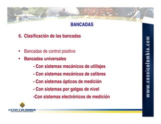 BANCADAS

6. Clasificación de las bancadas


• Bancadas de control positivo
• Bancadas universales
       - Con sistemas mecánicos de utillajes
       - Con sistemas mecánicos de calibres
       - Con sistemas ópticos de medición
       - Con sistemas por galgas de nivel
       -Con sistemas electrónicos de medición
 